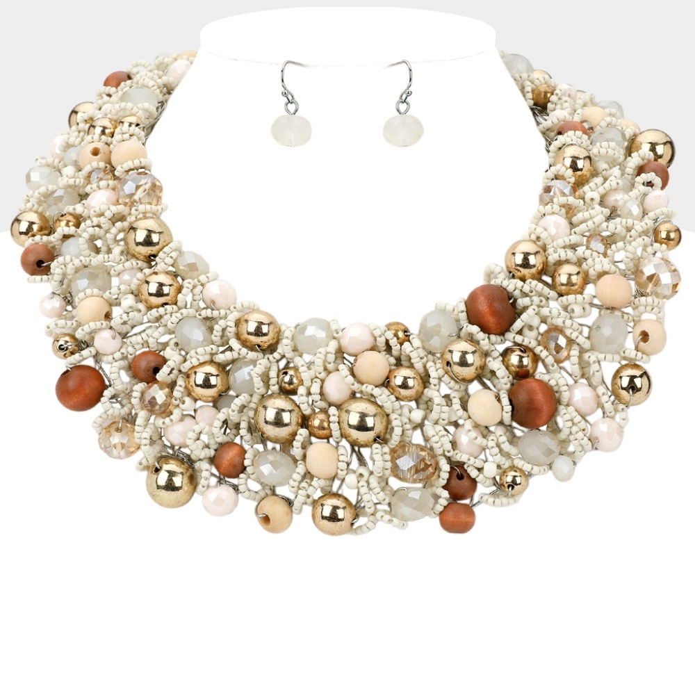 Neutral Metal Ball Crystal Cluster Beads Necklace Set Wire Chunky Jewelry